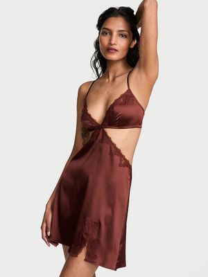 Very Sexy Rochie mini tip furou cu decupaje, din satin cu margini din dantelă cu trandafiri