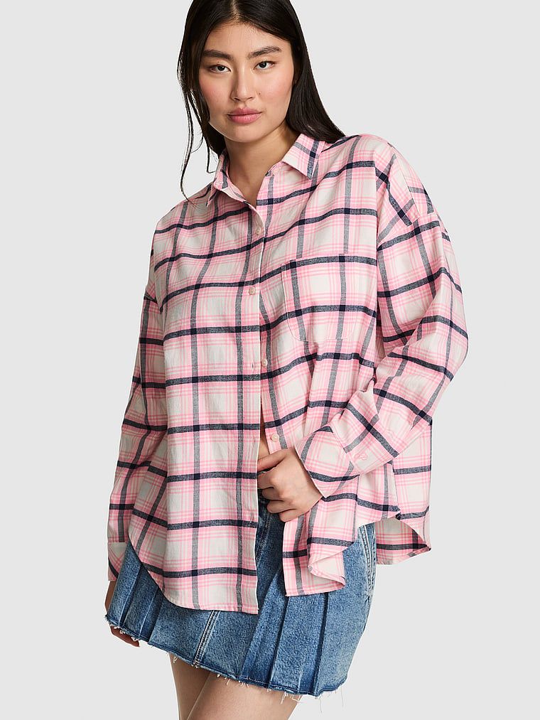 PINK Cămașă de noapte Favorite din flanel 100% bumbac cu nasturi