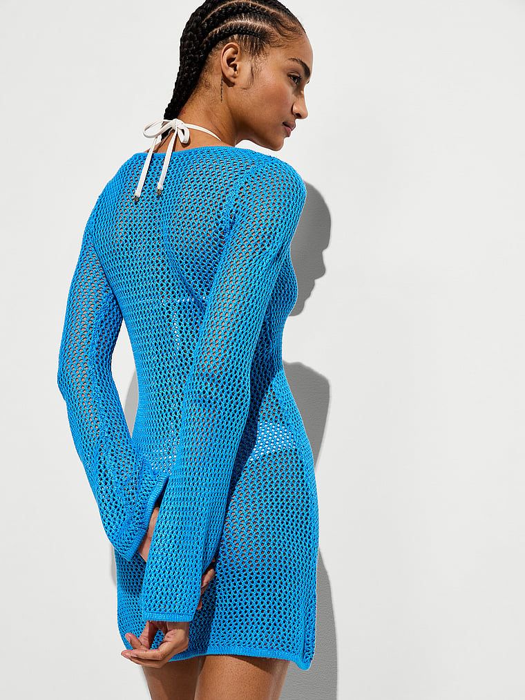 Rochie de plajă cu pliuri cu pantaloni de plajă. Produsul este albastru și provine din colecția Victoria's Secret Swim.