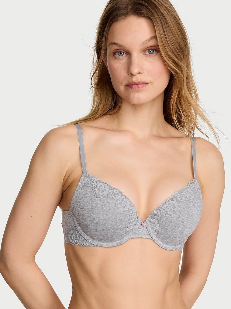 T-shirt Sutien Push-up din bumbac, cu margini din dantelă, Perfect Shape