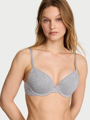T-shirt Sutien Push-up din bumbac, cu margini din dantelă, Perfect Shape