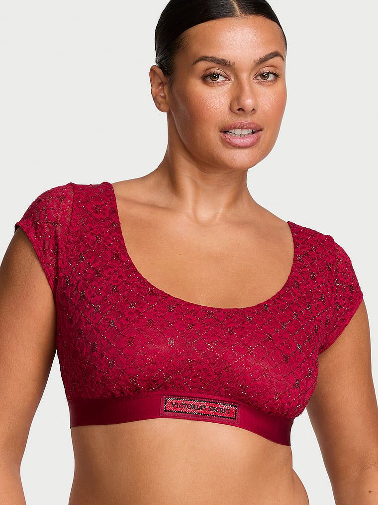 T-shirt Bustieră Bralette din dantelă cu logo strălucitor și mânecuțe