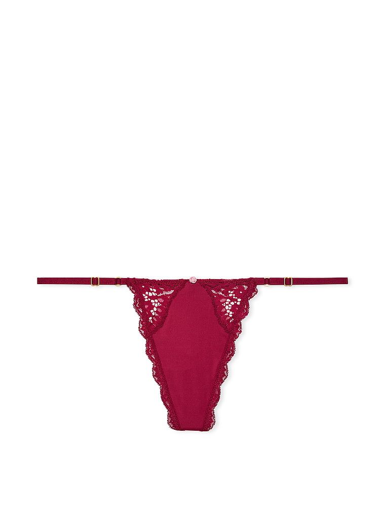 Tanga din dantelă cu bretele reglabile Lace-Trim V-String. Produsul este roșu și provine din colecția Dream Angels.