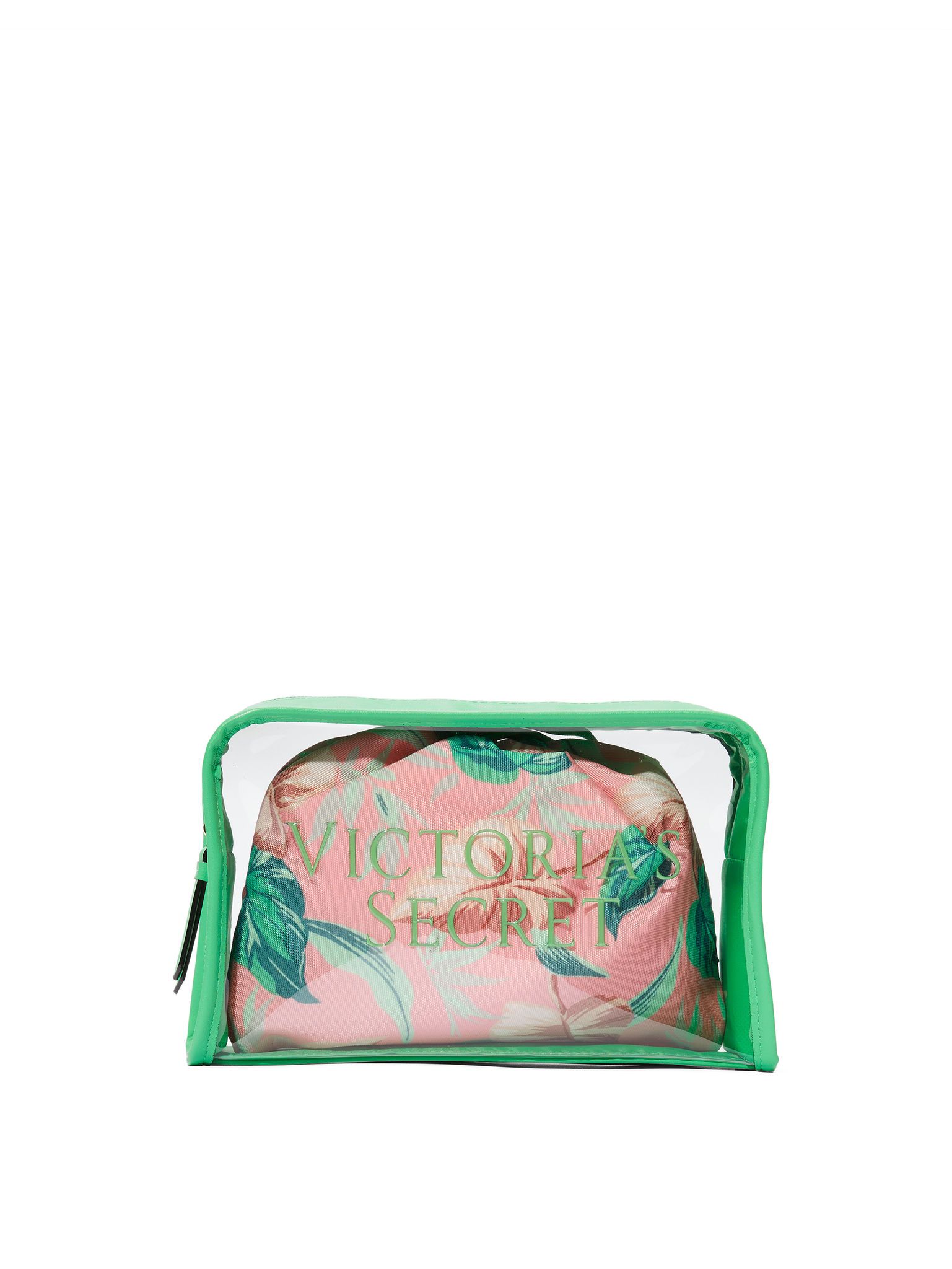 Geantă cosmetică transparentă Victoria's Secret cu margini verzi, în interior o geantă roz cu model tropical.