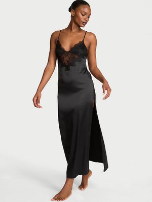 Very Sexy Rochie maxi tip furou din satin și dantelă cu trandafiri, cu șliț adânc