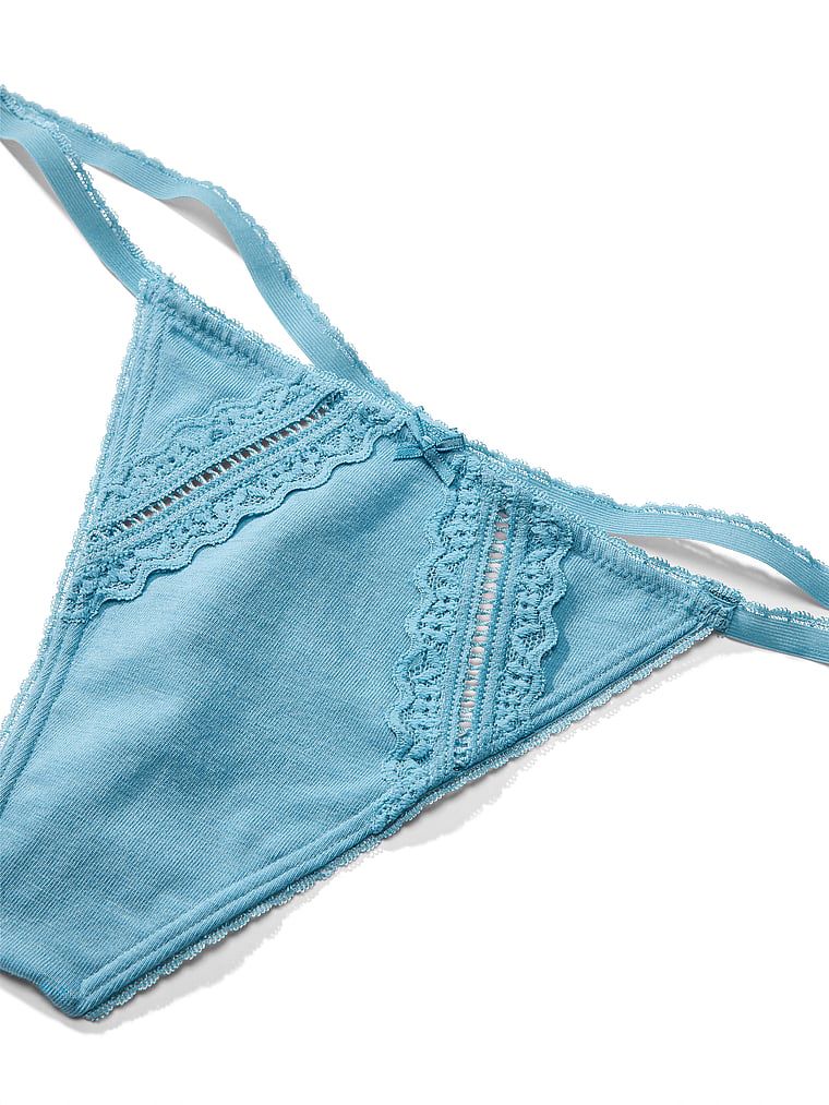 Tanga de bumbac cu inserții Lace-Trim. Produsul este albastru și provine din colecția Victoria's Secret.