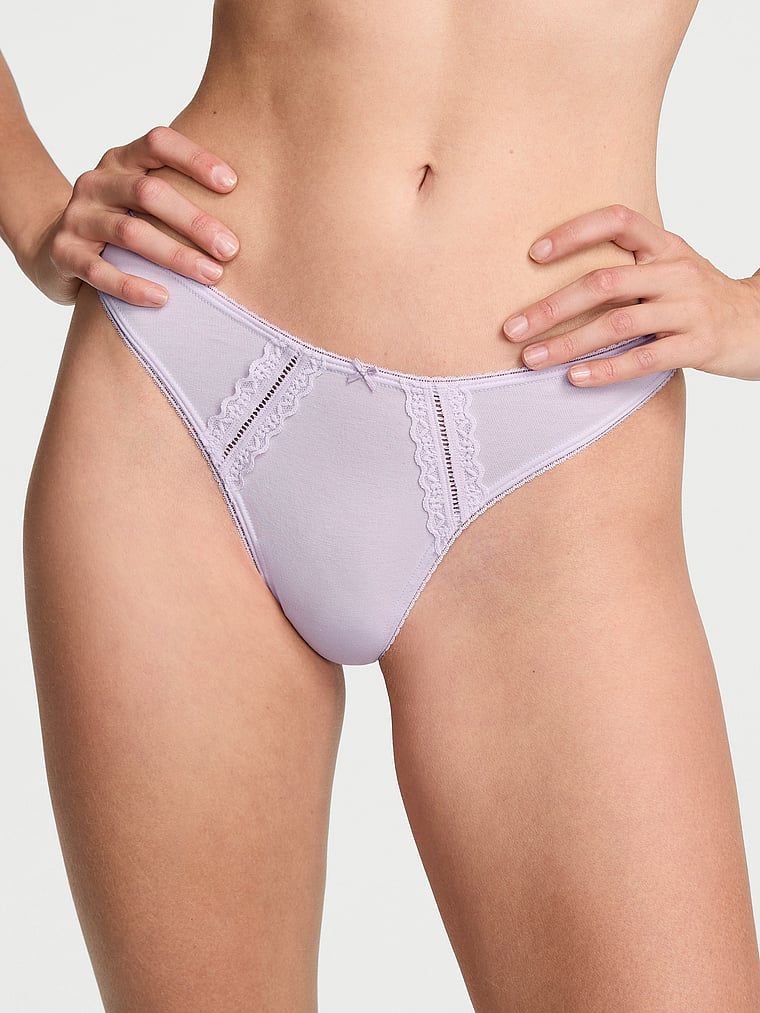 Victoria's Secret Chiloți Tanga din bumbac cu croi înalt pe picior și margini din dantelă