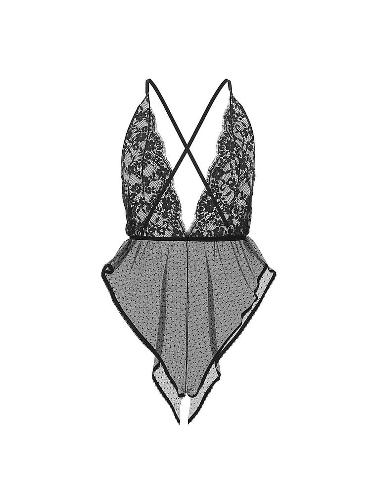 Combinezon transparent din plasă cu puncte și dantelă. Produsul este negru și provine din colecția Dream Angels.