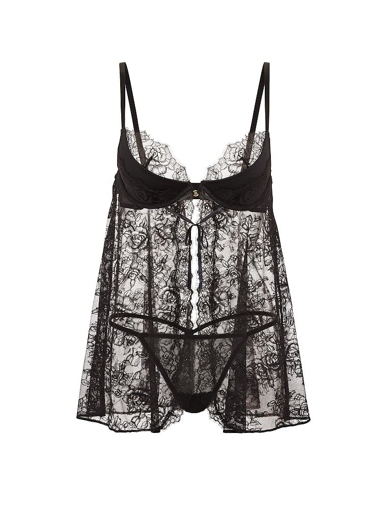 Juponă push-up și tanga din dantelă Babydoll. Produsul este negru și provine din colecția Very Sexy.