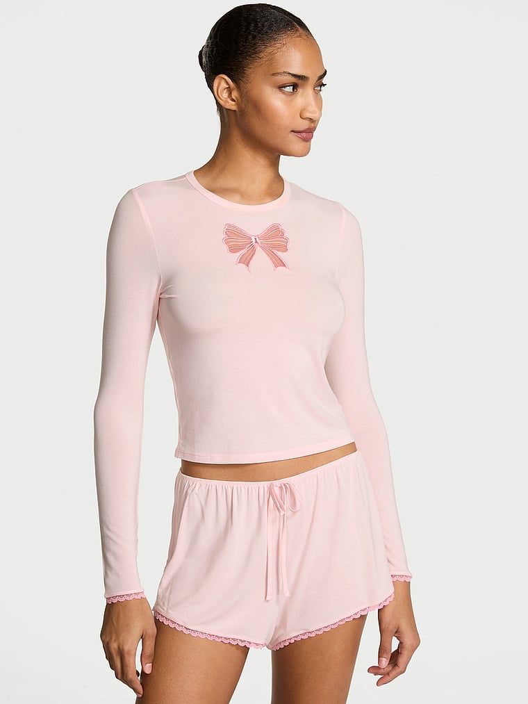 Victoria's Secret Set pijama cu bluză cu mânecă lungă și cu fundă și șort, din modal moale