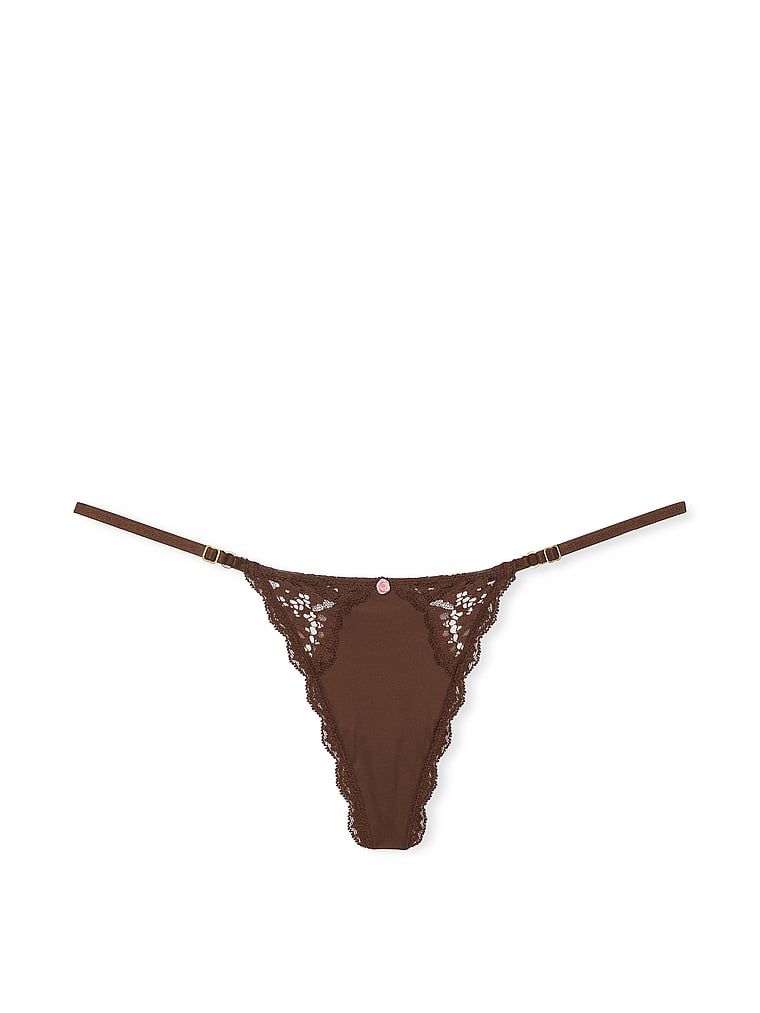 Tanga din dantelă cu bretele reglabile Lace-Trim V-String. Produsul este maro și provine din colecția Dream Angels.