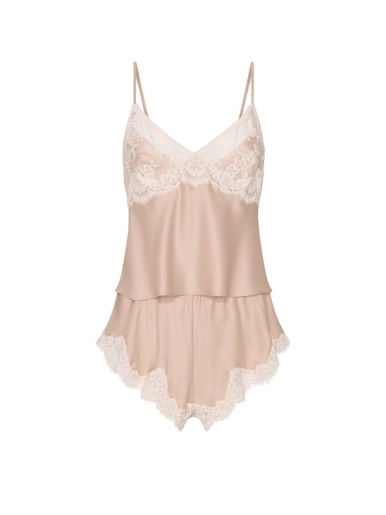 Set de dormit din satin cu dantelă. Produsul este de culoare bej și provine din colecția Dream Angels.