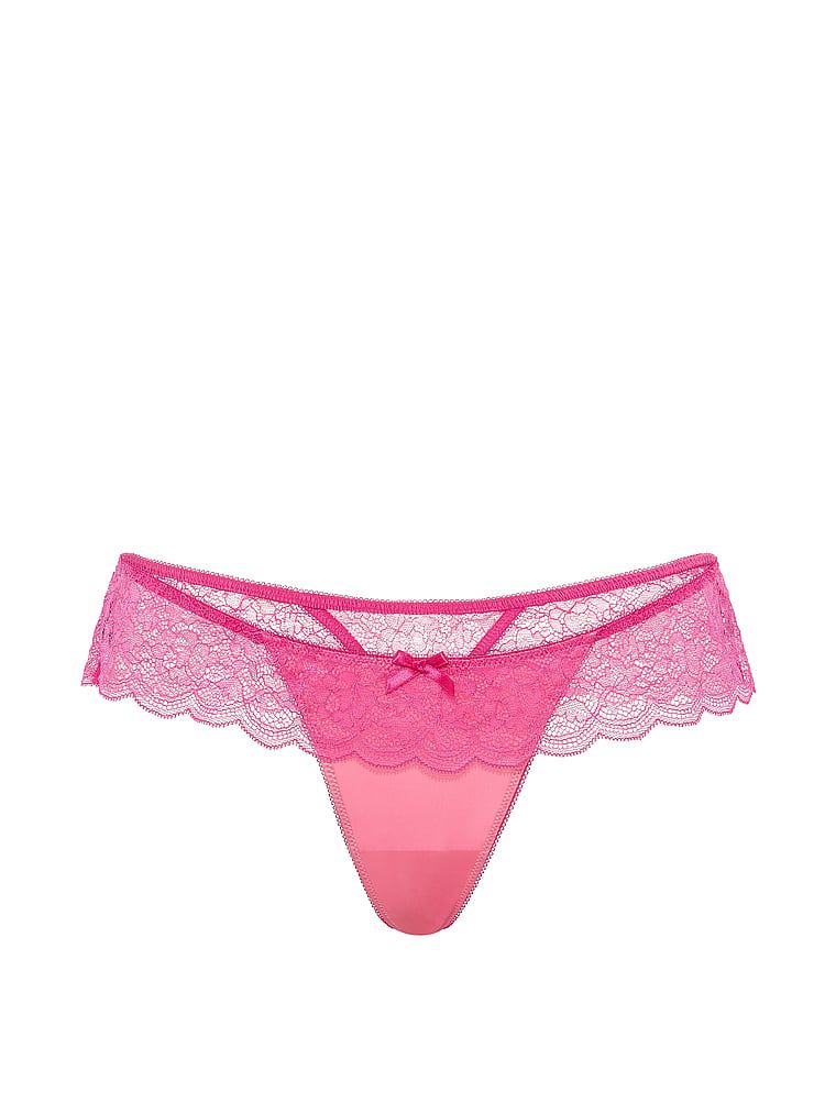 Tanga de satin cu volane și tachină. Produsul este roz și provine din colecția Victoria's Secret.