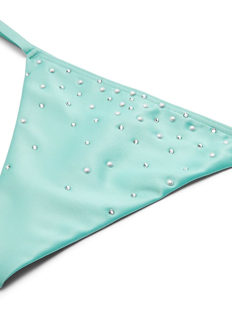 Tanga de satin cu cristale de perlă. Produsul este albastru și provine din colecția Dream Angels.