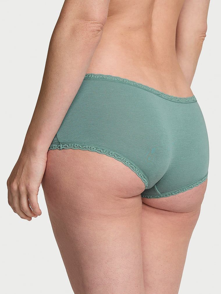 Pantaloni scurți de bumbac cu dantelă pe margini: Boyshort cu margini din dantelă. Produsul este de culoare verde și provine din colecția Lace Trim.