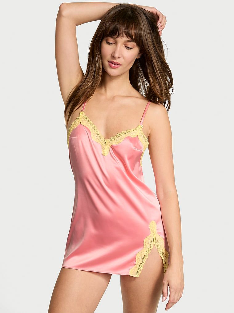 Victoria's Secret Rochie tip Slip mini Tease din satin, cu margini din dantelă