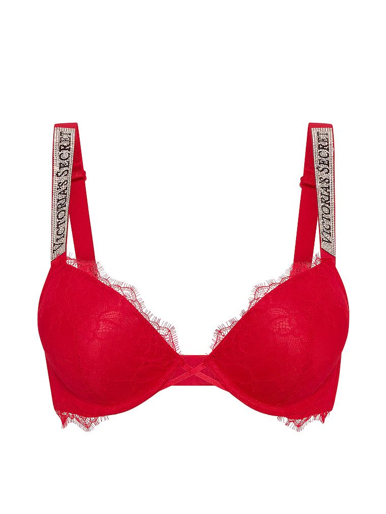 Sutien cu dantelă push-up care mărește pentru 2 mărimi Bombshell Shine Strap. Produsul este roșu și provine din colecția Very Sexy.