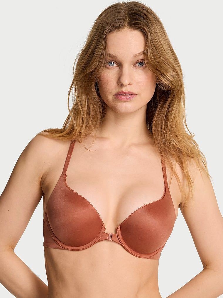 Sutien push-up fixat în față cu dantelă pe spate, Racerback. Produsul este de culoare maro și provine din colecția Body by Victoria.