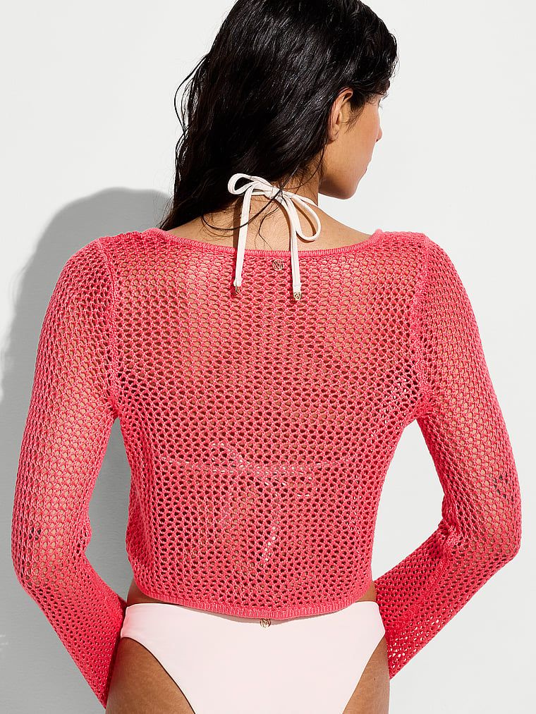 Bluză perforată cu vâscoză pentru croșetatul de plajă de plajă. Produsul este roz și provine din colecția Victoria's Secret Swim.
