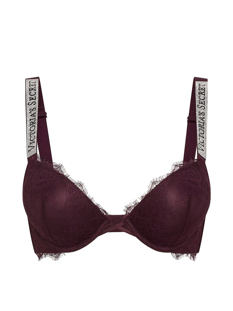 Sutien cu dantelă push-up care mărește pentru 2 mărimi Bombshell Shine Strap. Produsul este de culoare mov și provine din colecția Very Sexy.