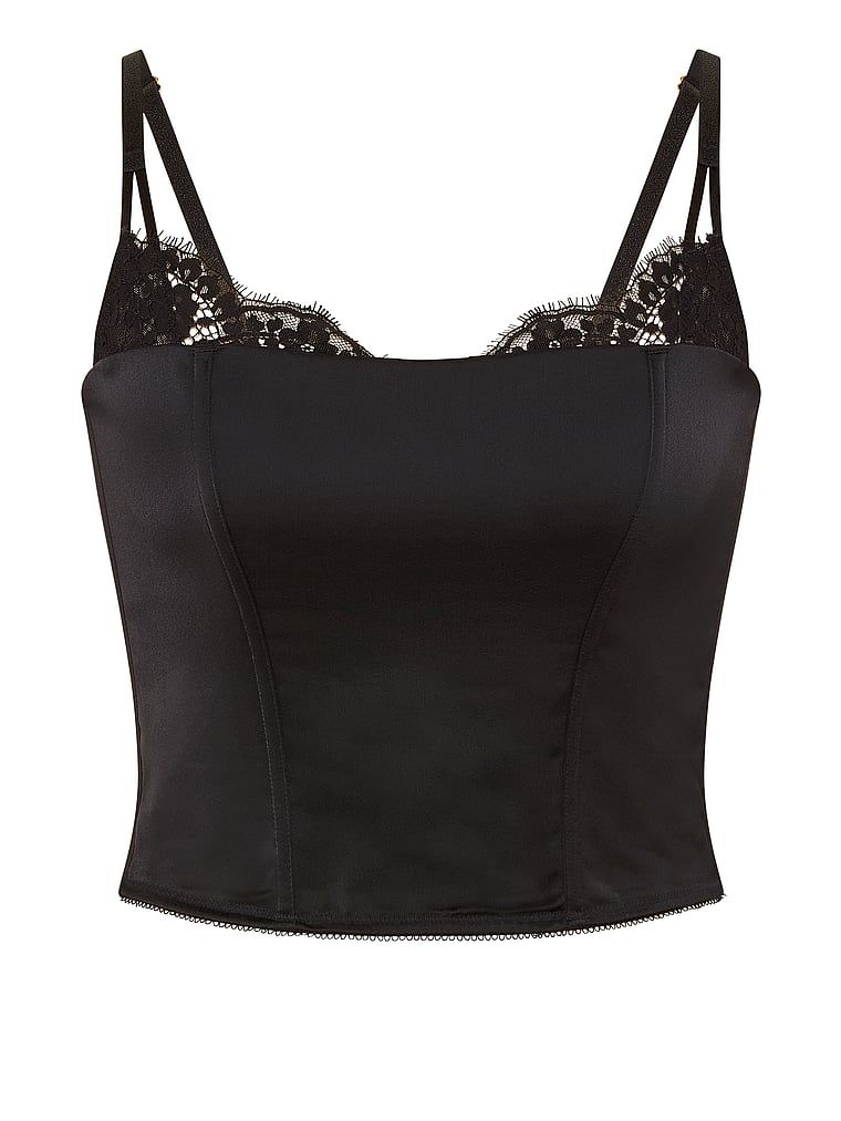 Corset din satin cu dantelă. Produsul este negru și provine din colecția Dream Angels.