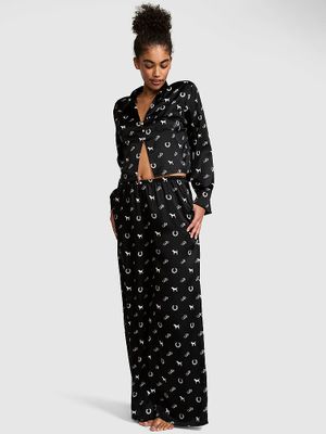 Set de pijama din satin cu bluză cu mânecă lungă și pantaloni GRWPINK