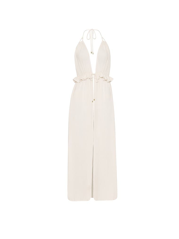 Rochia maxi Beachwear cu volane. Produsul este de culoare albă și provine din colecția Victoria's Secret Swim.