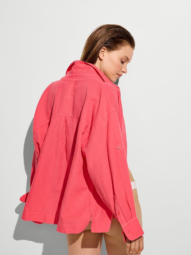 Cămașă-rochie din in pentru plajă Îmbrăcăminte de plajă. Produsul este roz și provine din colecția Victoria's Secret Swim.