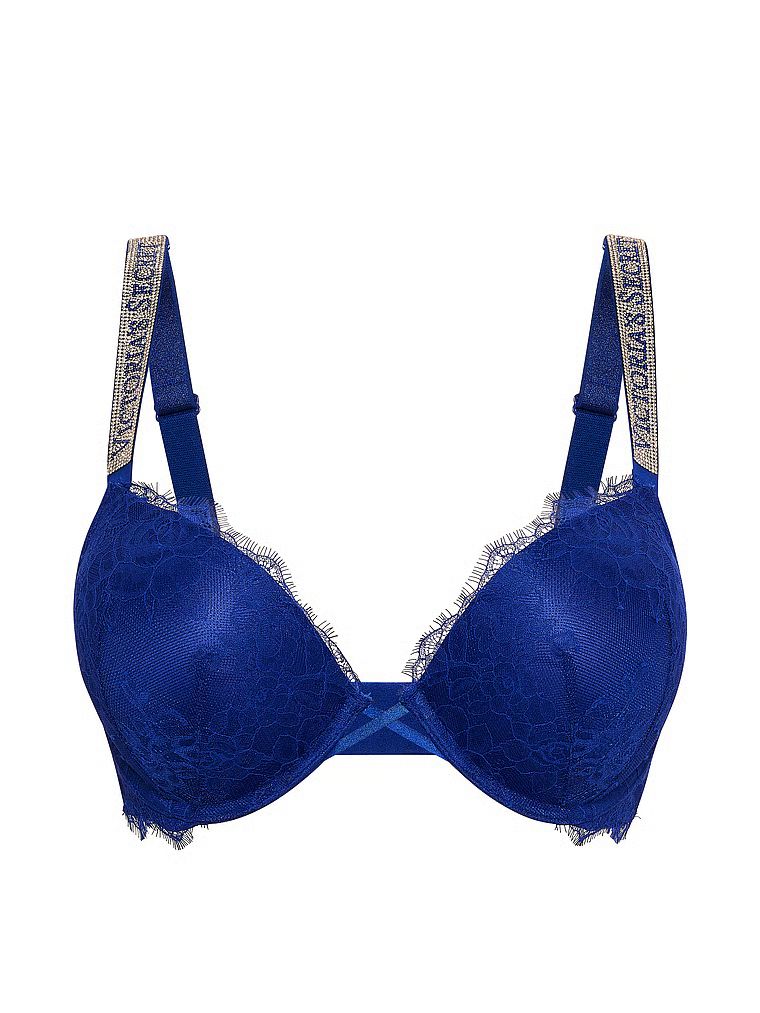 Sutien cu dantelă push-up care mărește pentru 2 mărimi Bombshell Shine Strap. Produsul este de culoare albastră și provine din colecția Very Sexy.