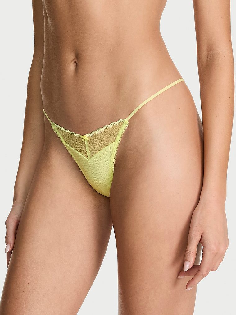 Tanga, dantelă, pointelle. Produsul este galben și provine din colecția Victoria's Secret.