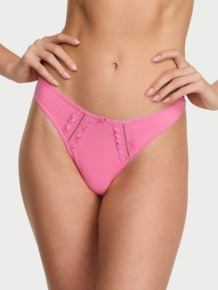 Victoria's Secret Chiloți Tanga din bumbac cu croi înalt pe picior și margini din dantelă