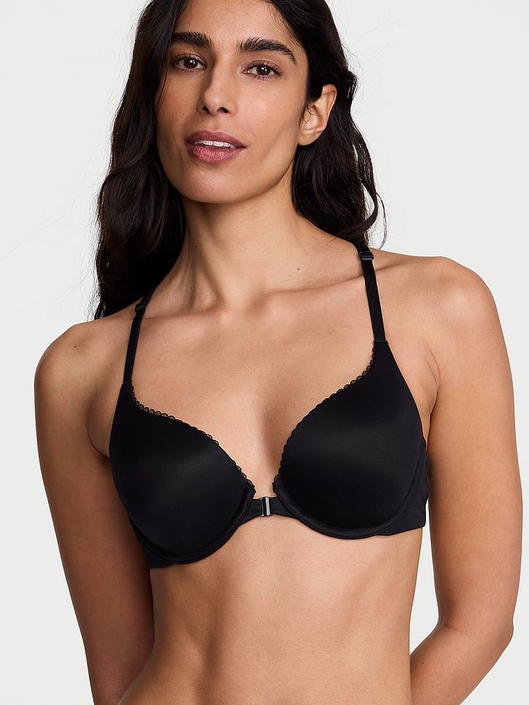 Sutien push-up fixat în față cu dantelă pe spate, Racerback. Produsul este negru și provine din colecția Body by Victoria.