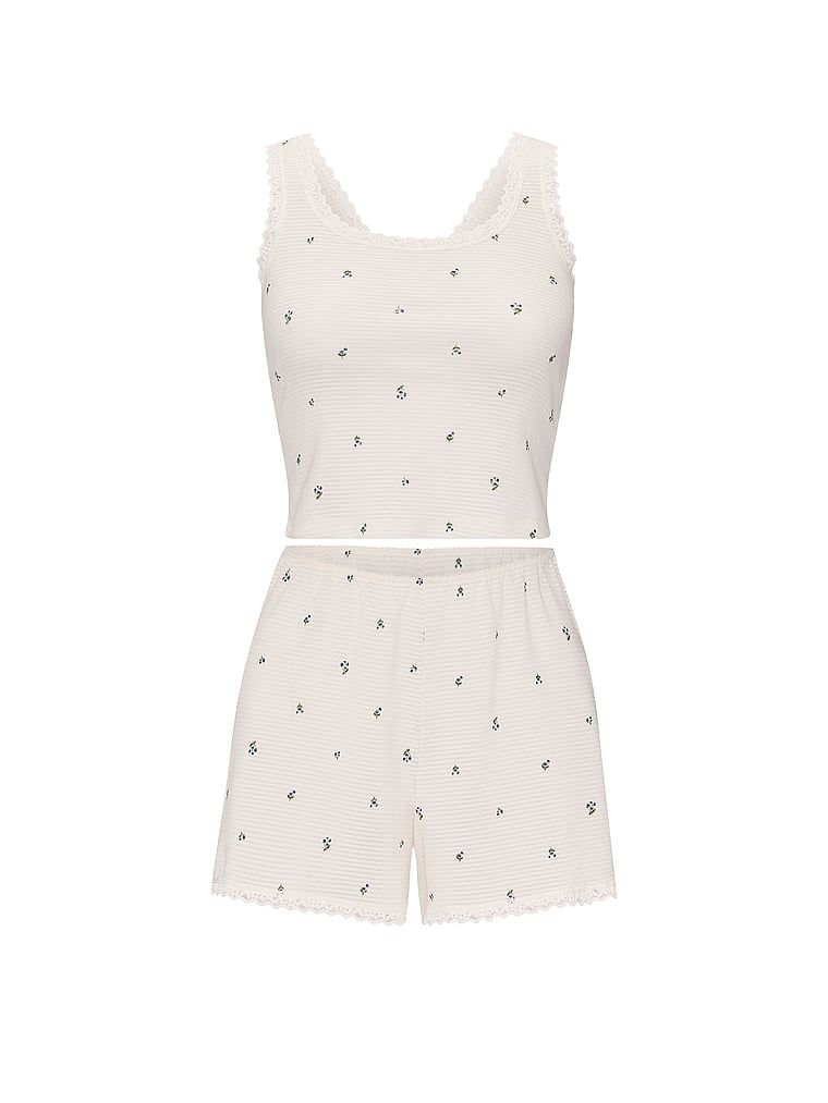 Set de dormit din bumbac - top și pantaloni scurți Shadow Stripe. Produsul are un model floral și provine din colecția Victoria's Secret.