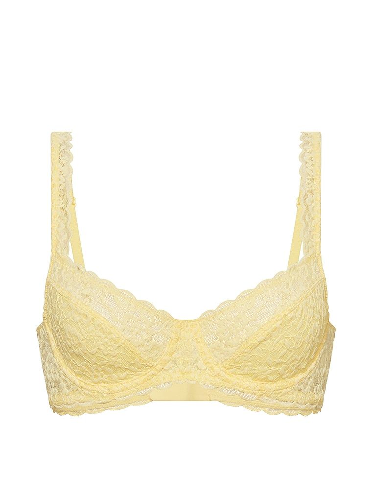 Sutien balconette din dantelă fără căptușeală. Produsul este galben și provine din colecția Victoria's Secret.