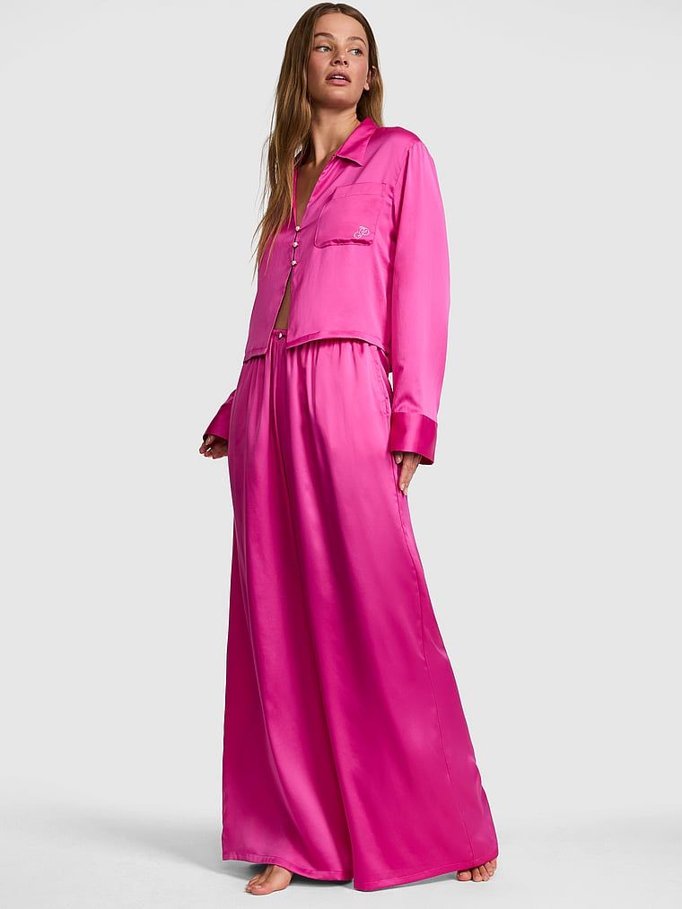 Set de pijama din satin cu bluză cu mânecă lungă și pantaloni GRWPINK