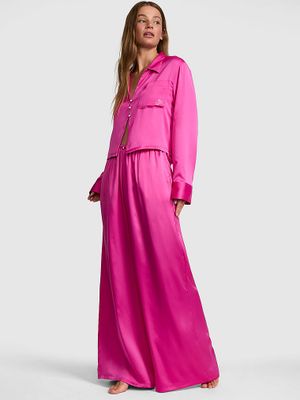 Set de pijama din satin cu bluză cu mânecă lungă și pantaloni GRWPINK