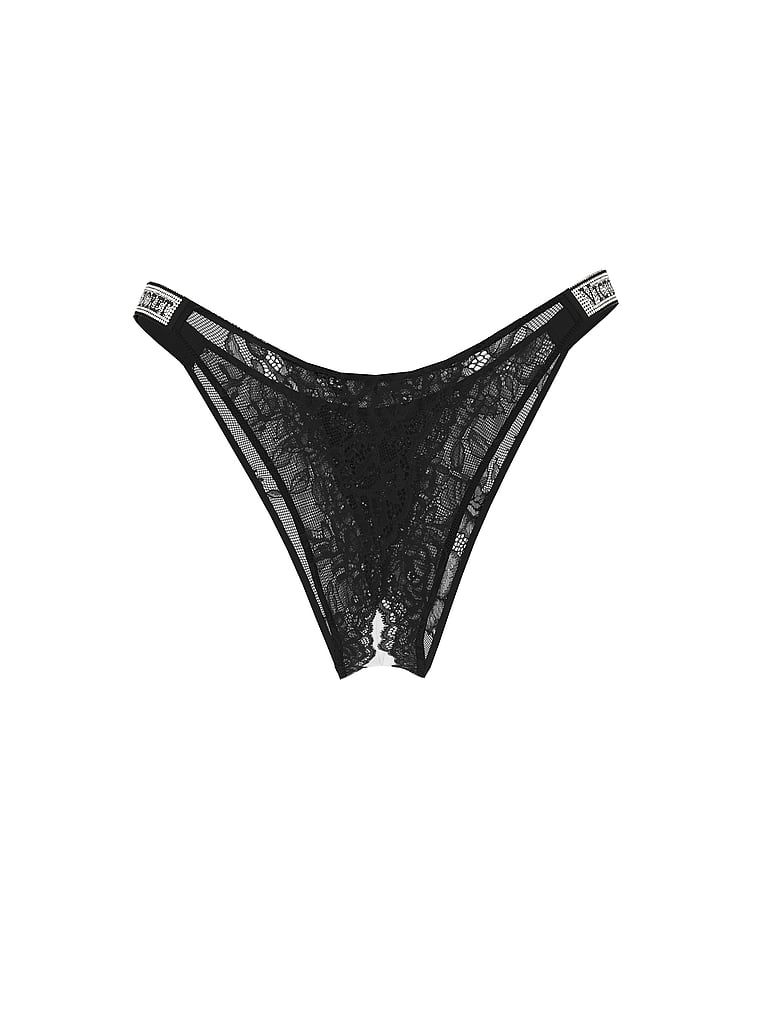 Chiloți brazilieni din dantelă fără zona inghinală cu dungi lucioase Shine Strap. Produsul este negru și provine din colecția Very Sexy.