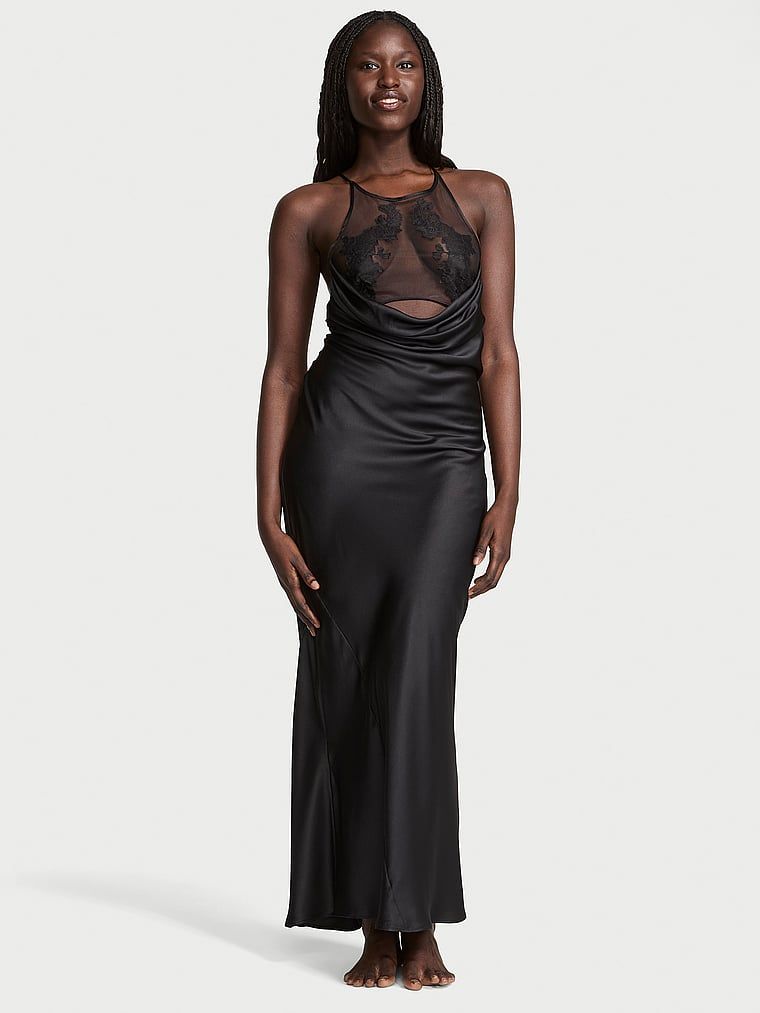 Victoria's Secret Rochie tip slip lungă, cu guler înalt, din satin transparent cu trandafiri
