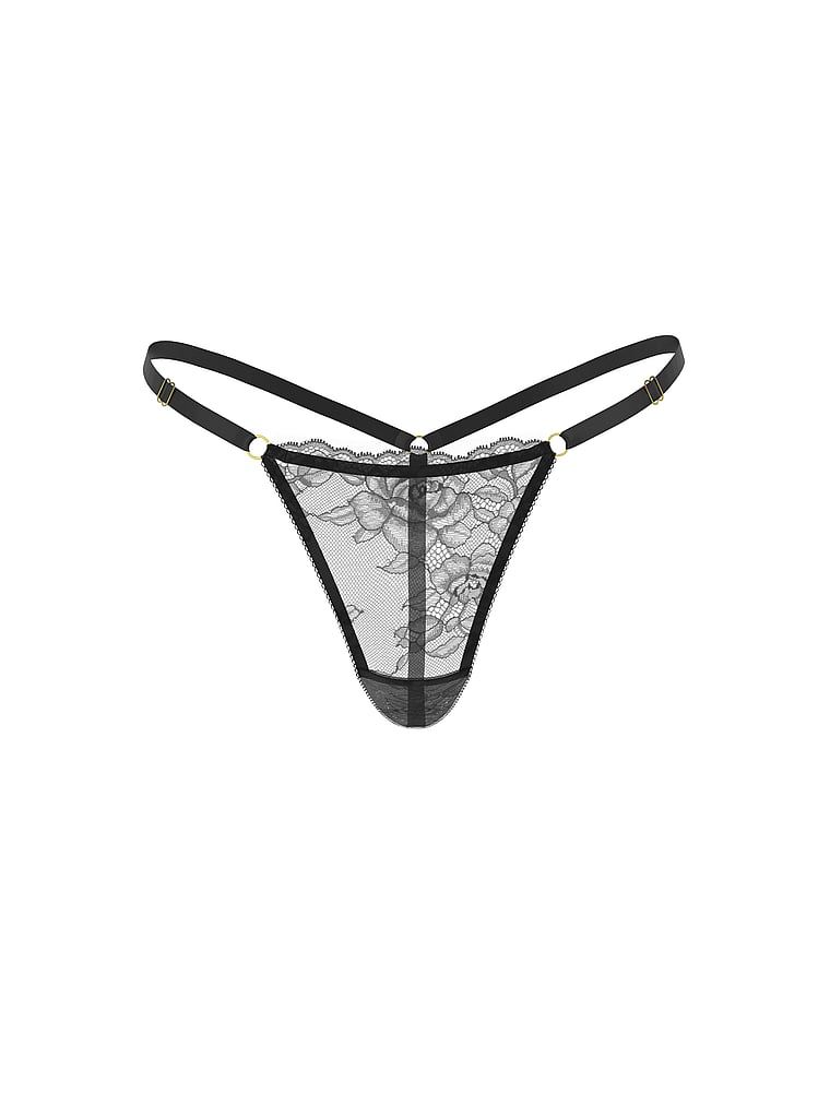 Tanga din dantelă cu bretele reglabile Rose Lace V-String. Produsul este negru și provine din colecția Body by Victoria.