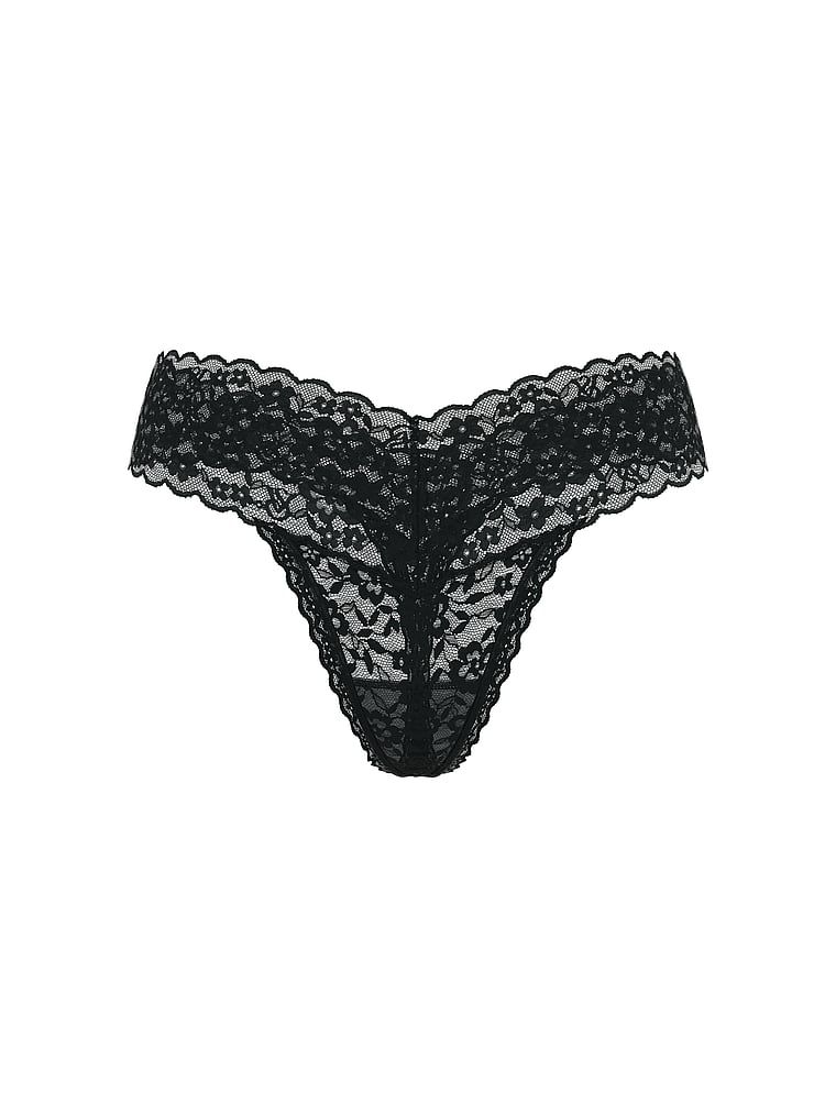 Tanga din dantelă cu flori. Produsul este negru și provine din colecția Lacie.