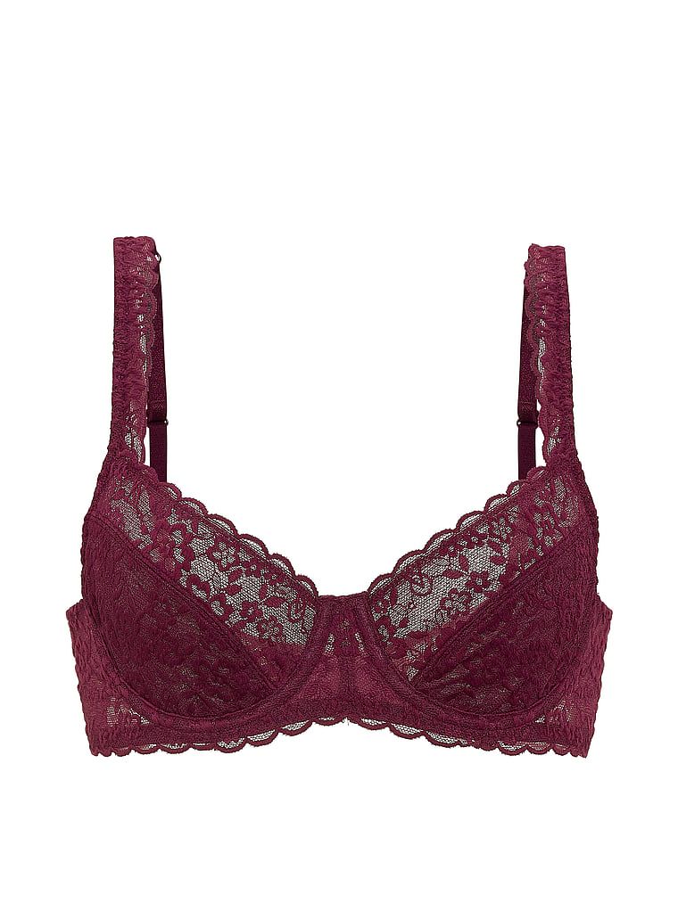Sutien balconette din dantelă fără căptușeală. Produsul este roz și provine din colecția Victoria's Secret.