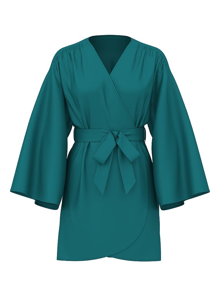 Halatul de satin scurt. Produsul este albastru și provine din colecția Victoria's Secret.