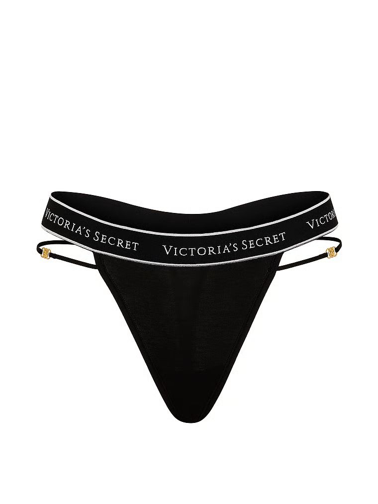 Tanga de bumbac cu logo și bretele: Strappy. Produsul este negru și provine din colecția Cotton.