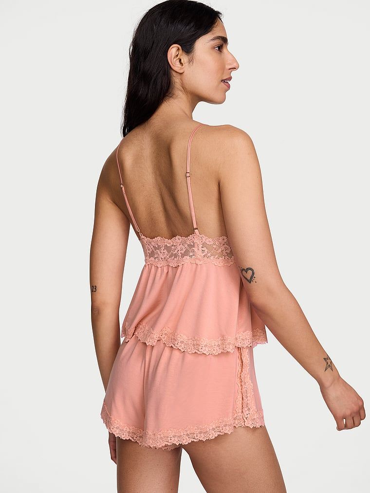 Set de dormit modal - top cu bretele și pantaloni scurți SoSoft. Produsul este roz și provine din colecția Victoria's Secret.