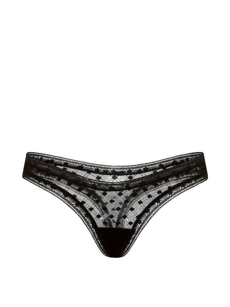 Tanga Dot Geo Ultra-Mini Scoop din dantelă. Produsul este negru și provine din colecția Lacie.