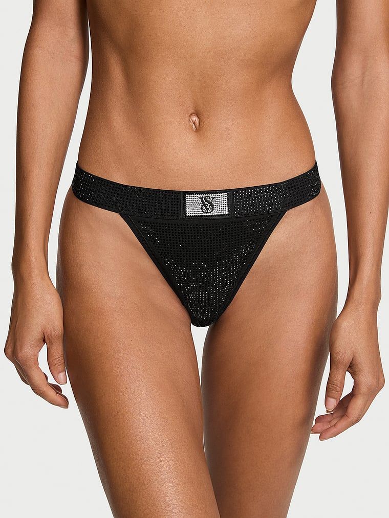 Tanga din bumbac cu paiete și logo Shine strălucitor. Produsul este negru și provine din colecția Bumbac.
