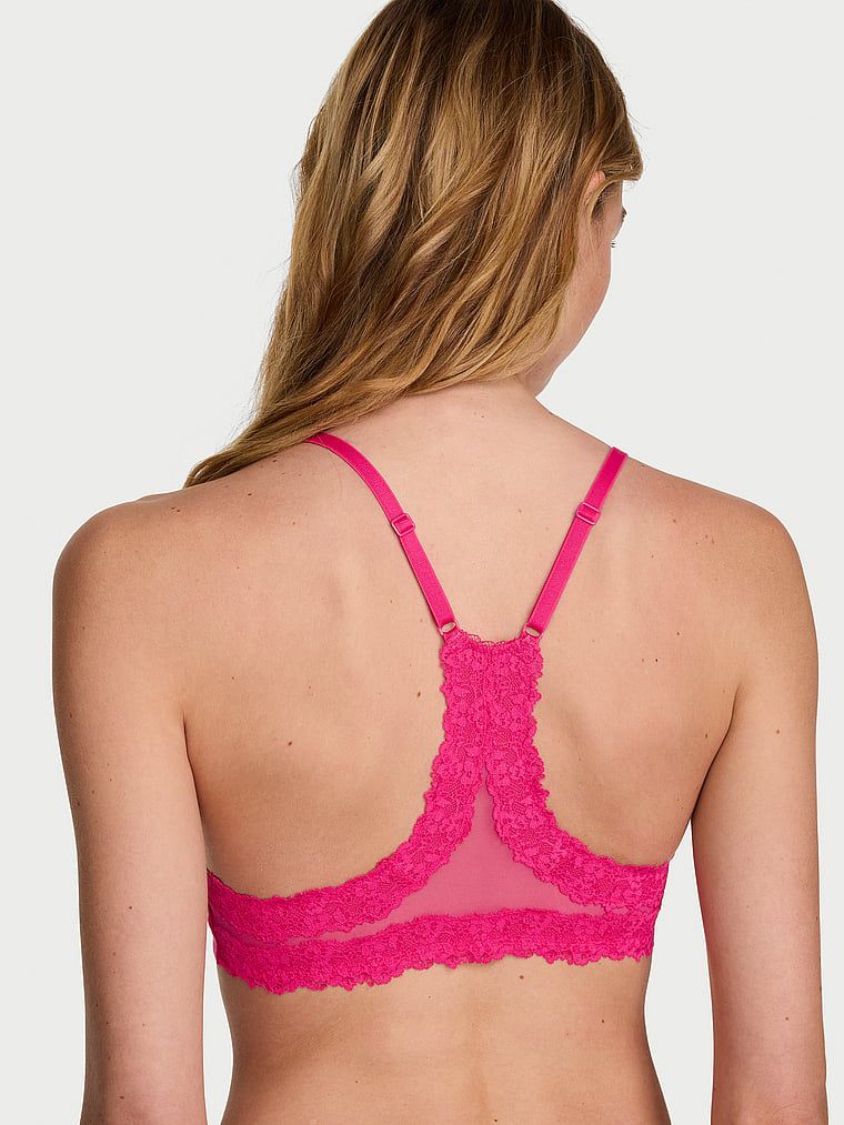 Suten cusut ușor, fixat în față cu dantelă pe spate, Racerback Demi. Produsul este roz și provine din colecția Body by Victoria.