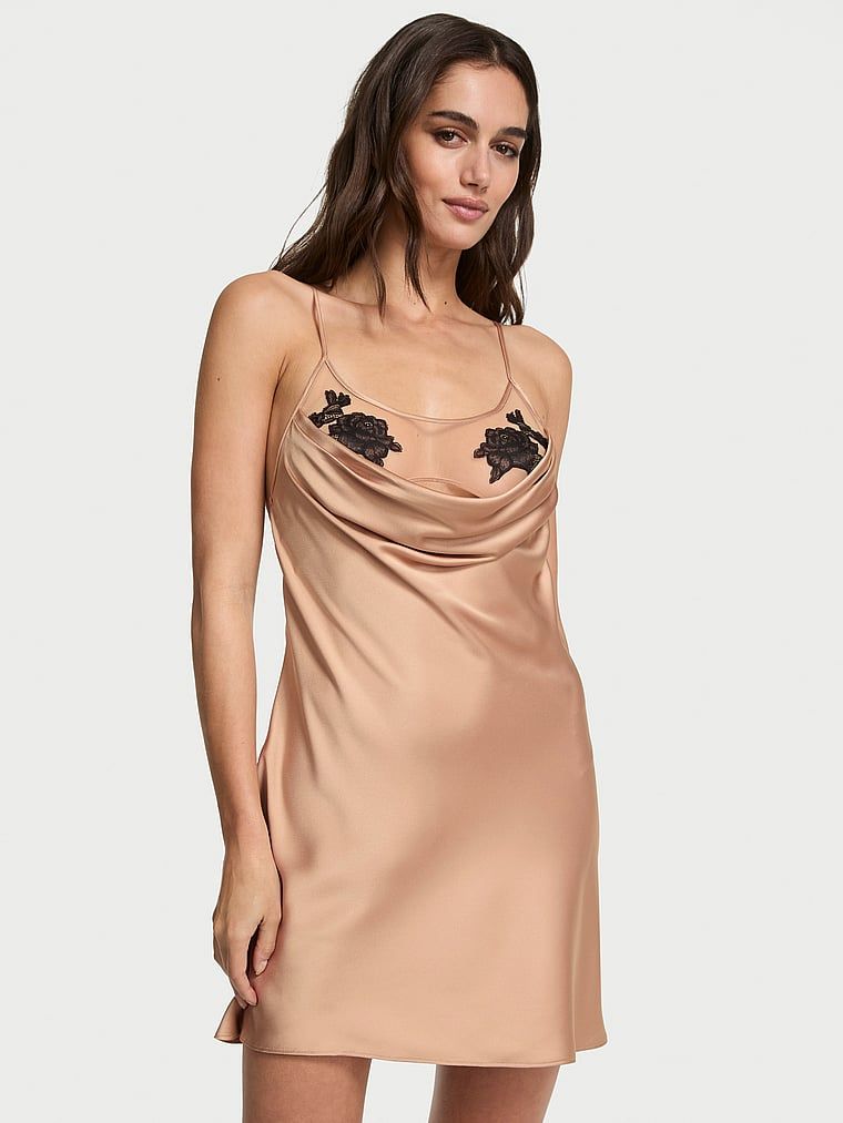 Victoria's Secret Rochie mini tip Slip drapată din satin transparent cu trandafiri