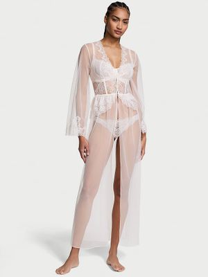 Victoria's Secret Halat lung cu corset din tul și dantelă în formă de trandafir