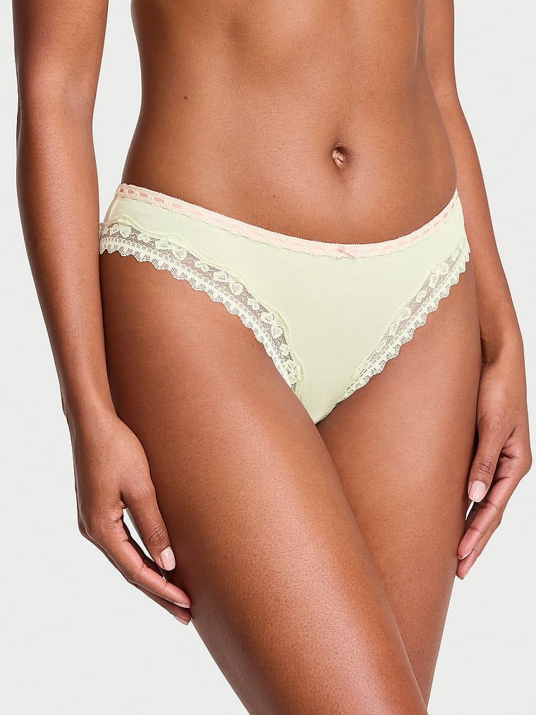 Chiloți din bumbac Bikini cu margini cu dantelă și fundă. Produsul este de culoare verde și provine din colecția Lace Trim.